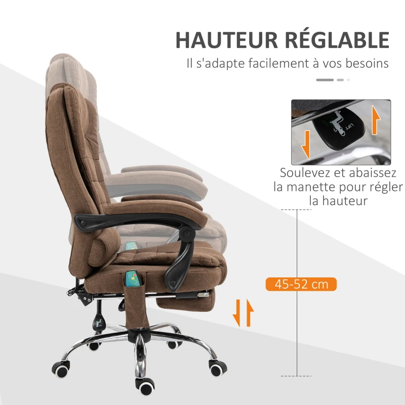 Vinsetto Fauteuil de bureau direction massant chauffant hauteur réglable dossier inclinable toile de lin marron