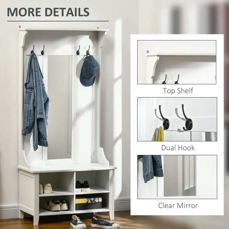 HOMCOM Hallway Furniture Set Shoe Bench Storage Mirror Cabinet Coat Rack Multiple Cubes Hangers Organiser Shelves w/ 4 H