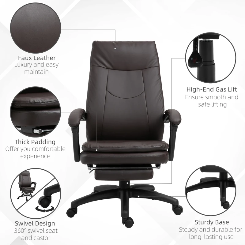 Vinsetto Brown Leather Office Chair, High Back Executive Office chair Reclining with Retractable Footrest Brown