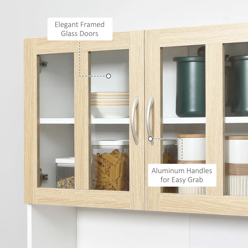 HOMCOM 180cm Kitchen Cabinet, Freestanding Cupboard with Central Drawer, 2 Glass Door Cabinets and Countertop, White