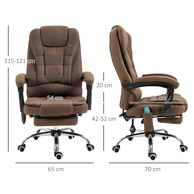Vinsetto Fauteuil de bureau direction massant chauffant hauteur réglable dossier inclinable toile de lin marron