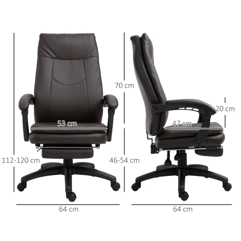 Vinsetto Brown Leather Office Chair, High Back Executive Office chair Reclining with Retractable Footrest Brown