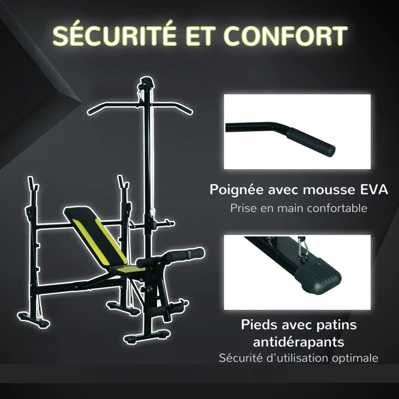 HOMCOM Banc de musculation Fitness entrainement complet dossier réglable cordes traction curler supports barre et haltères noir et jaune