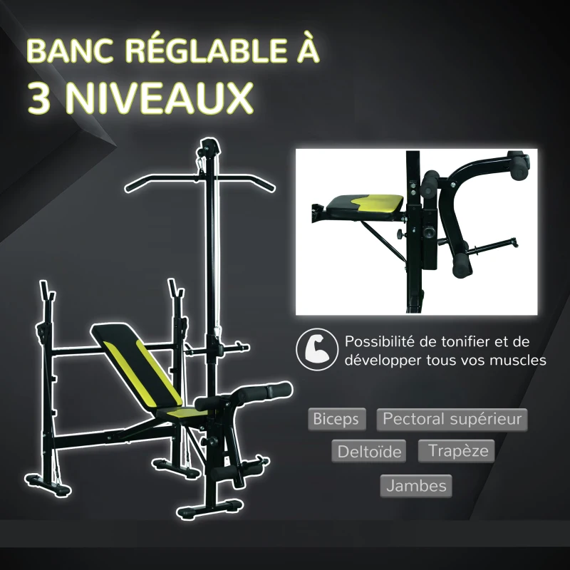 HOMCOM Banc de musculation Fitness entrainement complet dossier réglable cordes traction curler supports barre et haltères noir et jaune