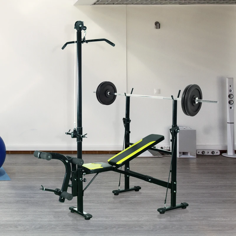 HOMCOM Banc de musculation Fitness entrainement complet dossier réglable cordes traction curler supports barre et haltères noir et jaune