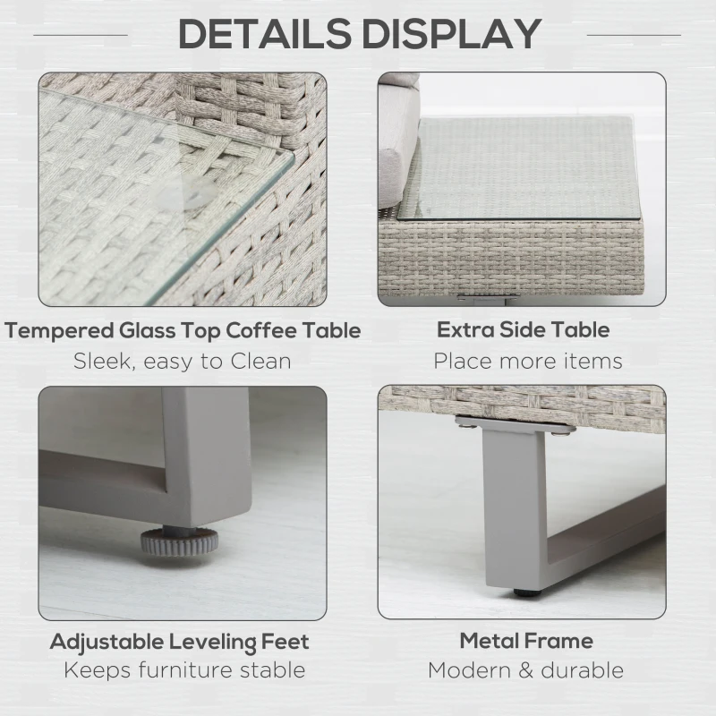 Outsunny 3pc Rattan Wicker Conservatory Sofa Set Garden Chaise Lounge Furniture w/ Tea Table, Side Tabel & Cushioned Grey