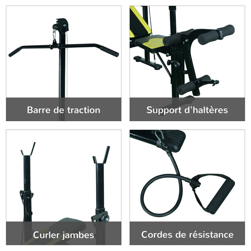 HOMCOM Banc de musculation Fitness entrainement complet dossier réglable cordes traction curler supports barre et haltères noir et jaune