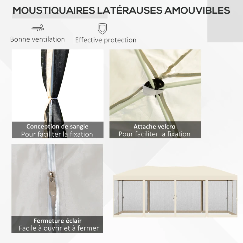 Outsunny Tonnelle Barnum Pliant Pop-up Style Colonial 6 x 3 m 6 moustiquaires + Sac de Transport Beige Noir
