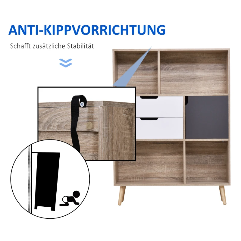 HOMCOM Bücherregal Standregal Kommode Küchenschrank Kommoden Sideboard Würfelregal mit 4 offenen Regalen, 2 Schubladen und 1 Türschrank, Weiß+Natur+Grau, Spanplatte, 90 x 30 x 120 cm