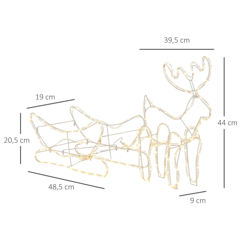 Outsunny Rena com Trenó de Luzes com 160 LED Branco Quente Impermeável IP44 Iluminação de Jardim Decoração de Natal 120x19x44cm Branco