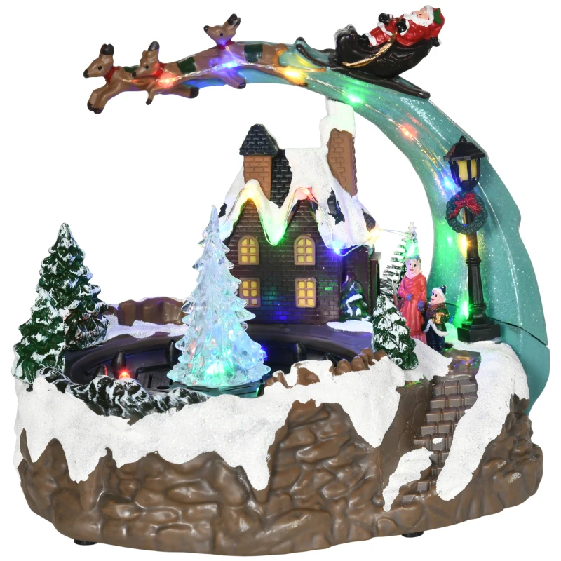 HOMCOM Fountain Christmas Village, Santa and Deer Animated Winter Wonderland Set with Multicoloured LED Light, Plug-In Christmas Decoration