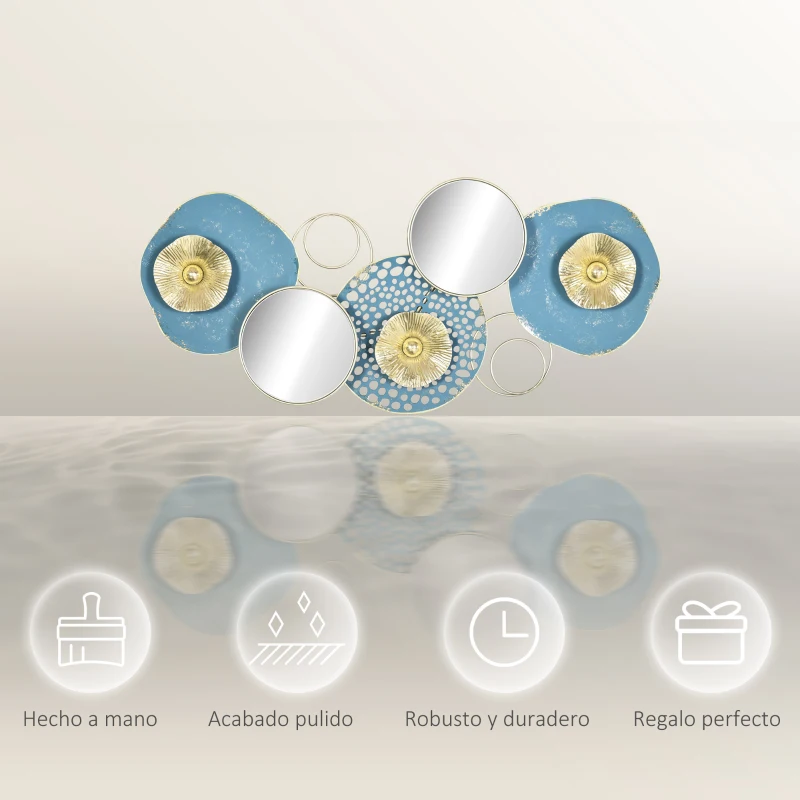 HOMCOM Decoración de Pared de Metal Espejo de Hojas de Flores 3D Arte de Pared Escultura de Pared Adorno Colgante para Salón Dormitorio Oficina 65x29 cm Multicolor