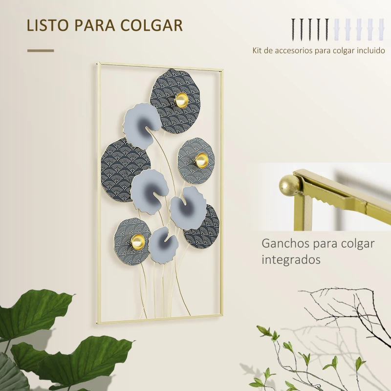 HOMCOM Decoración de Pared de Metal de Hojas de Loto 3D Adorno Colgante para Salón Dormitorio Oficina 50x80cm Multicolor