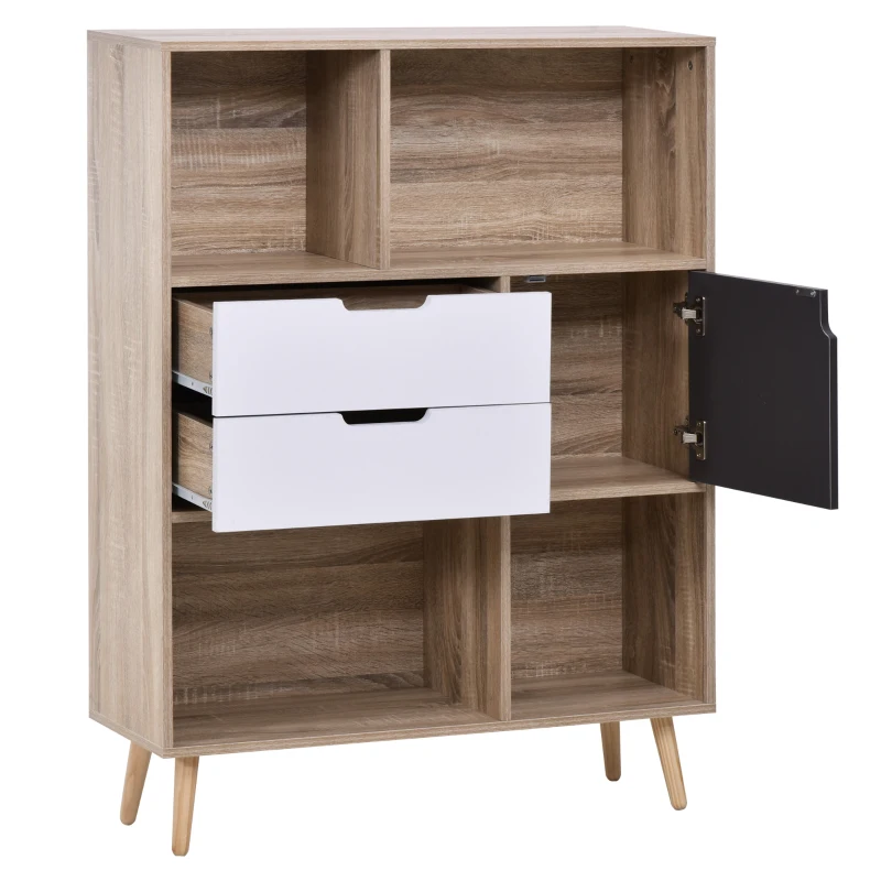 HOMCOM Bücherregal Standregal Kommode Küchenschrank Kommoden Sideboard Würfelregal mit 4 offenen Regalen, 2 Schubladen und 1 Türschrank, Weiß+Natur+Grau, Spanplatte, 90 x 30 x 120 cm