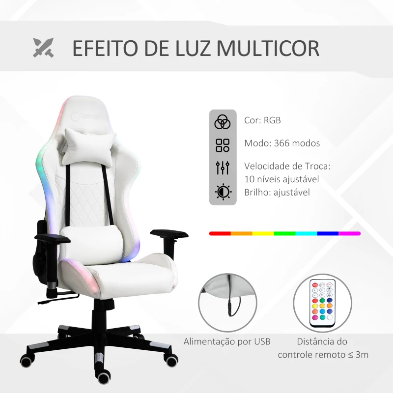 Vinsetto Cadeira de Gaming Ergonômica Profissional Reclinável e Altura Ajustável com Apoio para a Cabeça Almofada Lombar Luz LED e Controle Remoto 68x68x126-136cm Branco e Preto