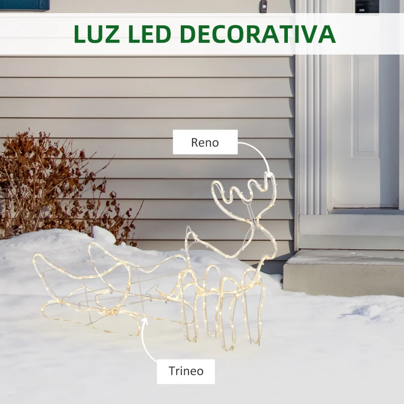 Outsunny Reno con Trineo con 160 LED Blanco Cálido Decoración Navideña para Interiores y Exteriores 120x19x44 cm Blanco