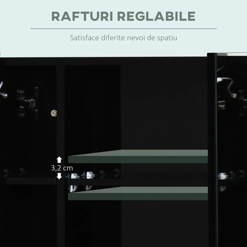 Dulap de baie LED cu oglinda Kleankin, Organizator de depozitare reglabil montat pe perete cu 3 usi cu oglinda si rafturi reglabile, Functie de memorare, incarcare USB, Negru lucios