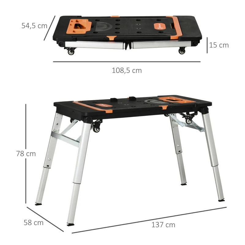 DURHAND 7 In 1 DESIGN Werkbank höhenverstellbarem Werktisch Werkbank, große wendbarer Arbeitsplatte mit Winkelmarkierung Haushalt & DIY-Arbeitsplatz für Garage, Werkstatt Schwarz 137 x 58 x 78 cm