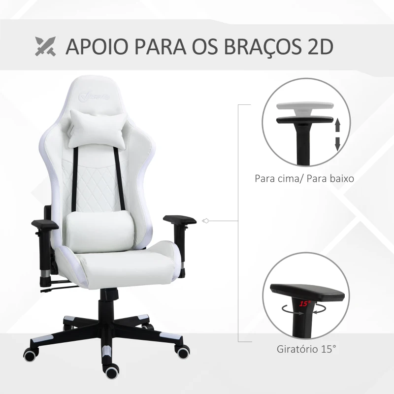 Vinsetto Cadeira de Gaming Ergonômica Profissional Reclinável e Altura Ajustável com Apoio para a Cabeça Almofada Lombar Luz LED e Controle Remoto 68x68x126-136cm Branco e Preto