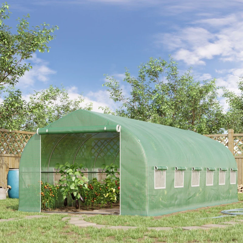 Outsunny Invernadero de Jardín 6x3x2 m con Puerta y 12 Ventanas Enrollables Huerto para Cultivos Plantas Flores Verde