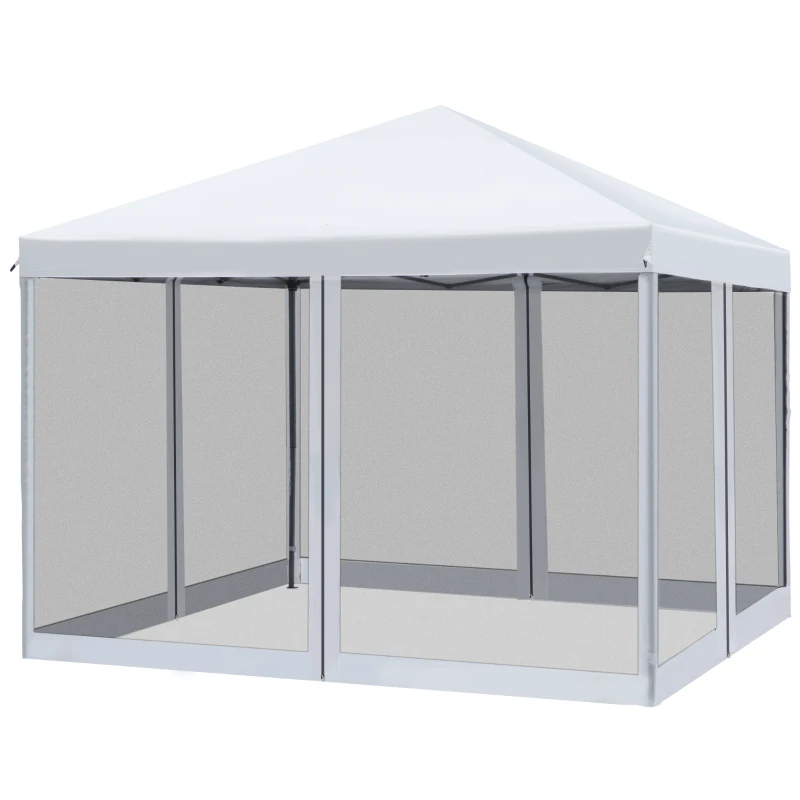 Outsunny Tenda dobrável para jardim 3x3m Redes mosquiteiras Removível com zíper 4 orificios de drenagem tecido oxford 420D Branco
