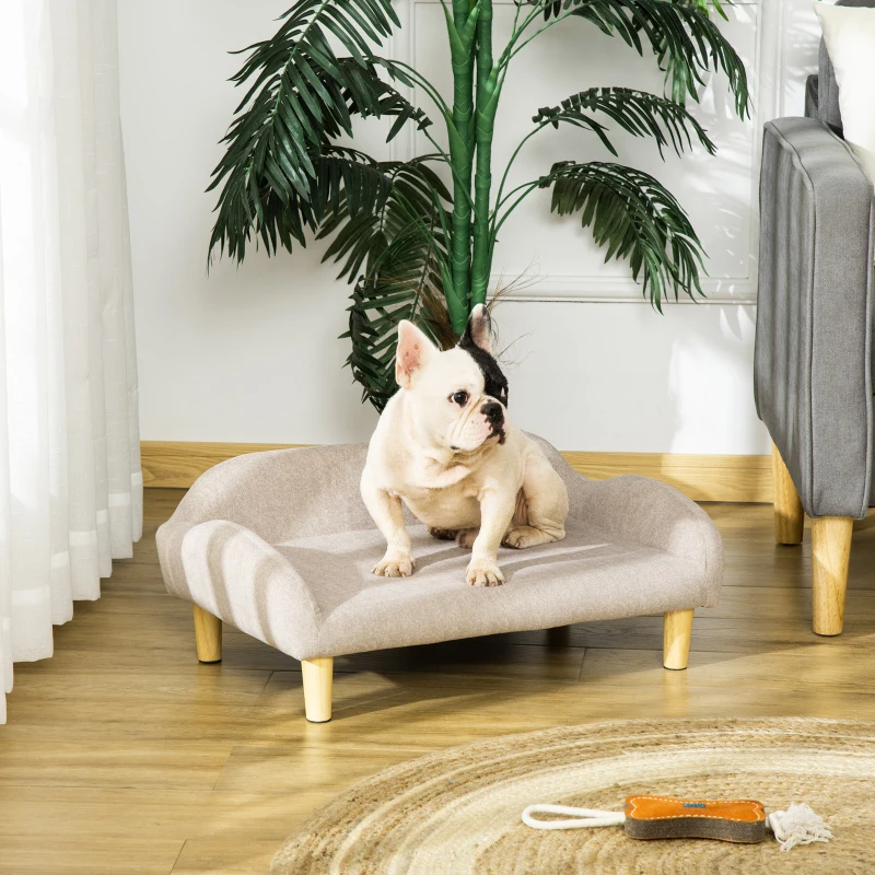 PawHut Sofá para Mascotas Tapizado en Terciopelo Suave Sofá Cama para Perros Gatos Medianos Pequeños Acolchado Grueso con Patas de Madera 70x40x28 cm Beige