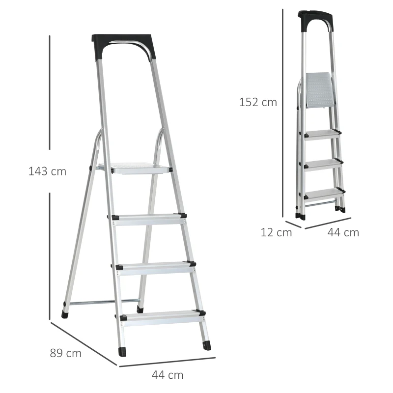 DURHAND Escalera Plegable de Aluminio con Bandeja Magnética Escalera de 4 Peldaños Carga 150 kg 44x89x143 cm Plata