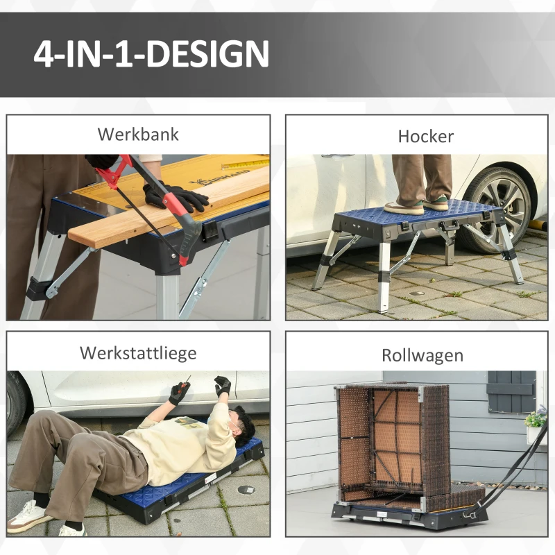 DURHAND 4-IN-1 DESIGN Werkbank klappbar Werktisch Gerüst Wendbarer Arbeitsplatte mit Winkelmarkierung Kriechgang und Rollwagen Höhenverstellbar Aluminium-Legierung bis 125 KG Blau 132 x 82,5 x 77,5 cm