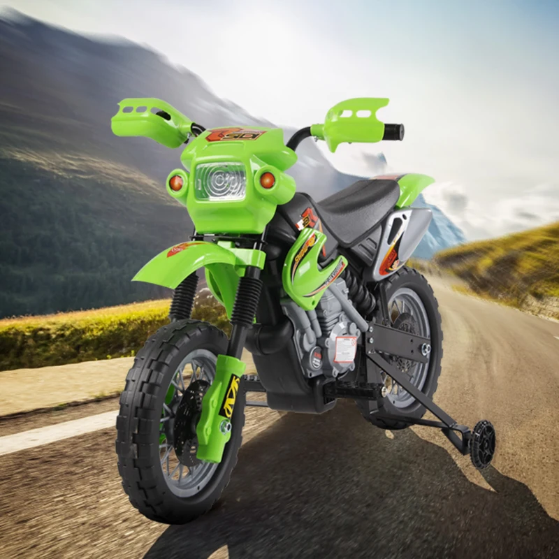 HOMCOM Moto Electrica Infantil Bateria 6V Recargable Niños 3 Años Cargador y Ruedas Apoyo Color Verde