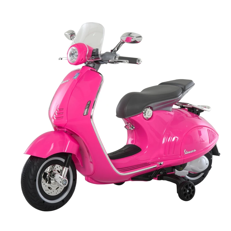 HOMCOM Mota Elétrica Vespa com Faróis Música 2 Rodas Auxiliares para Crianças acima de 3 Anos 108x49x75 cm Rosa