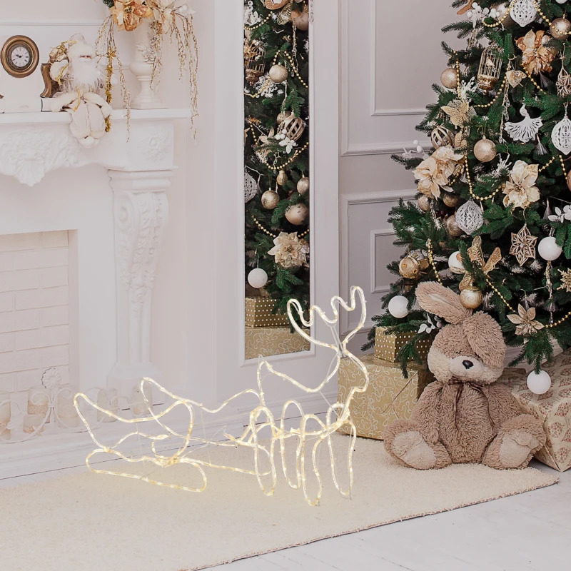 Outsunny Reno con Trineo con 160 LED Blanco Cálido Decoración Navideña para Interiores y Exteriores 120x19x44 cm Blanco