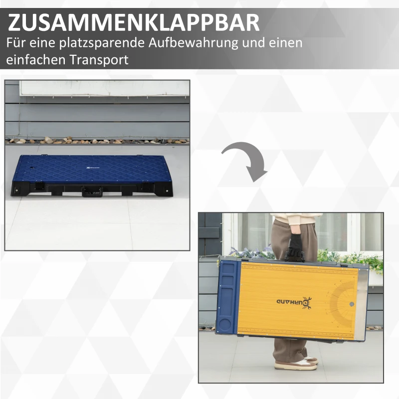 DURHAND 4-IN-1 DESIGN Werkbank klappbar Werktisch Gerüst Wendbarer Arbeitsplatte mit Winkelmarkierung Kriechgang und Rollwagen Höhenverstellbar Aluminium-Legierung bis 125 KG Blau 132 x 82,5 x 77,5 cm
