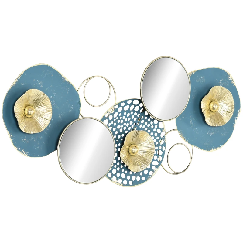 HOMCOM Decoración de Pared de Metal Espejo de Hojas de Flores 3D Arte de Pared Escultura de Pared Adorno Colgante para Salón Dormitorio Oficina 65x29 cm Multicolor