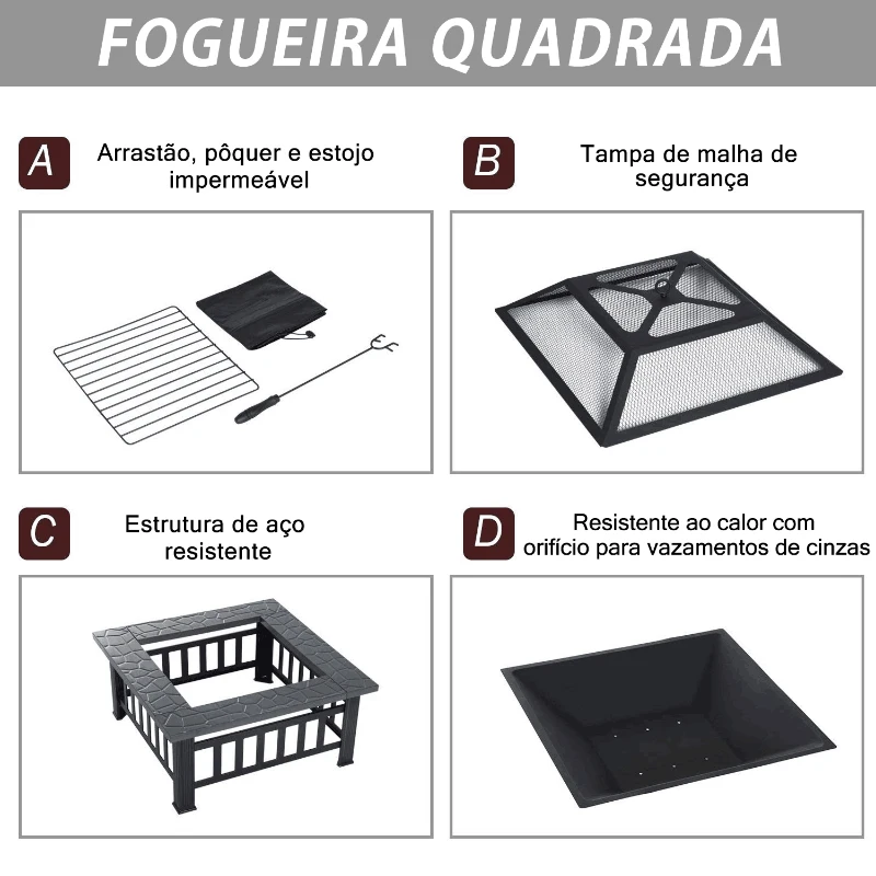 Outsunny Braseiro Exterior de Metal Multifuncional tipo Esquentador 3 em 1  para Terraço e Jardim 81x81x46cm Preto