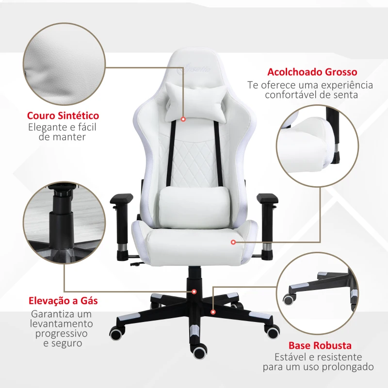 Vinsetto Cadeira de Gaming Ergonômica Profissional Reclinável e Altura Ajustável com Apoio para a Cabeça Almofada Lombar Luz LED e Controle Remoto 68x68x126-136cm Branco e Preto