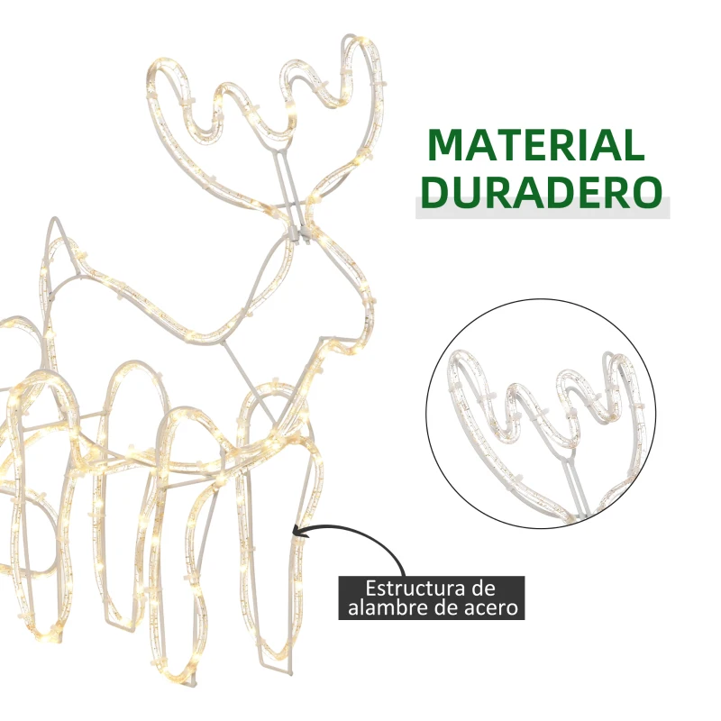 Outsunny Reno con Trineo con 160 LED Blanco Cálido Decoración Navideña para Interiores y Exteriores 120x19x44 cm Blanco