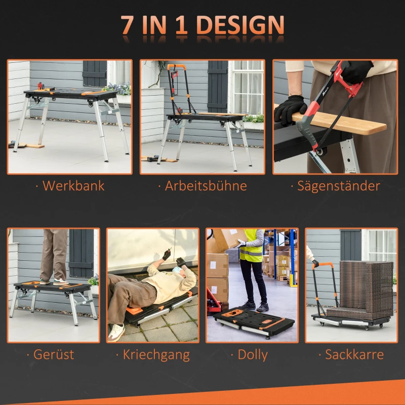 DURHAND 7 In 1 DESIGN Werkbank höhenverstellbarem Werktisch Werkbank, große wendbarer Arbeitsplatte mit Winkelmarkierung Haushalt & DIY-Arbeitsplatz für Garage, Werkstatt Schwarz 137 x 58 x 78 cm