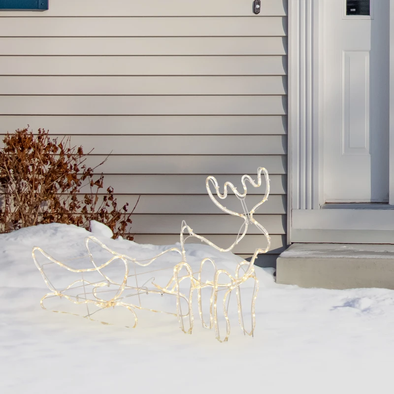Outsunny Rena com Trenó de Luzes com 160 LED Branco Quente Impermeável IP44 Iluminação de Jardim Decoração de Natal 120x19x44cm Branco