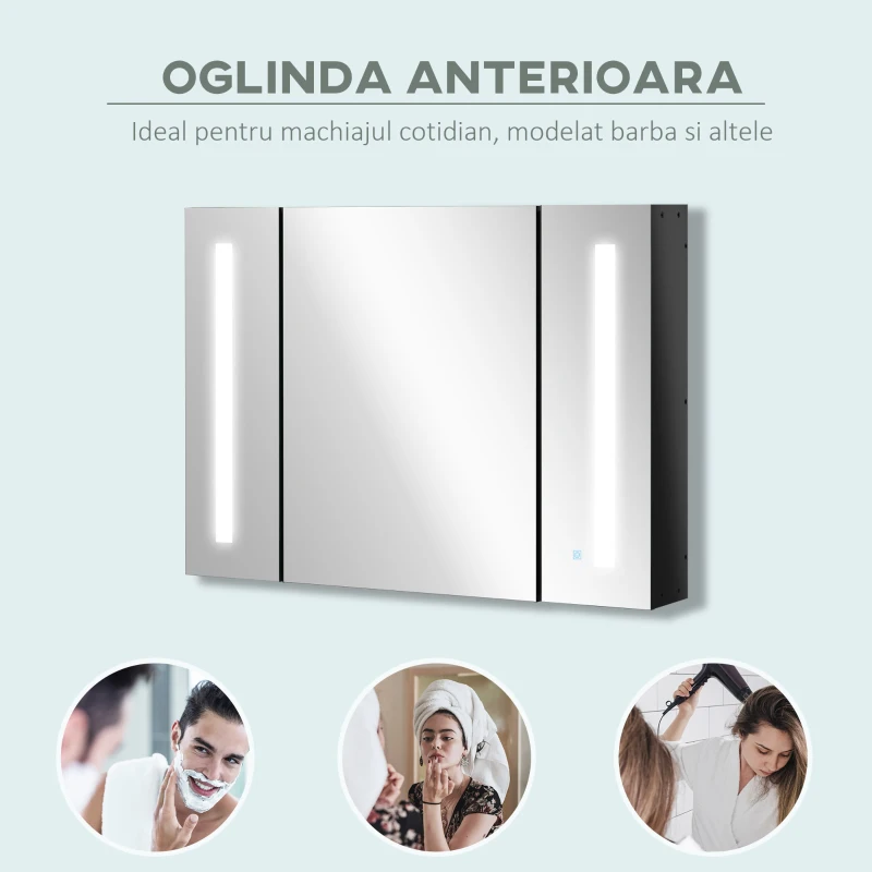 Dulap de baie LED cu oglinda Kleankin, Organizator de depozitare reglabil montat pe perete cu 3 usi cu oglinda si rafturi reglabile, Functie de memorare, incarcare USB, Negru lucios