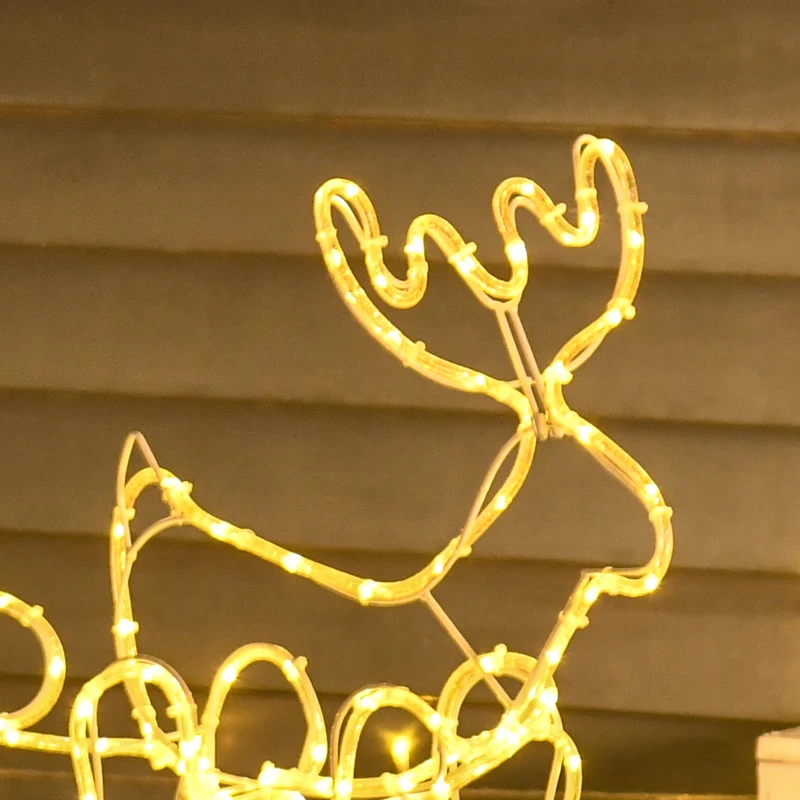 Outsunny Rena com Trenó de Luzes com 160 LED Branco Quente Impermeável IP44 Iluminação de Jardim Decoração de Natal 120x19x44cm Branco