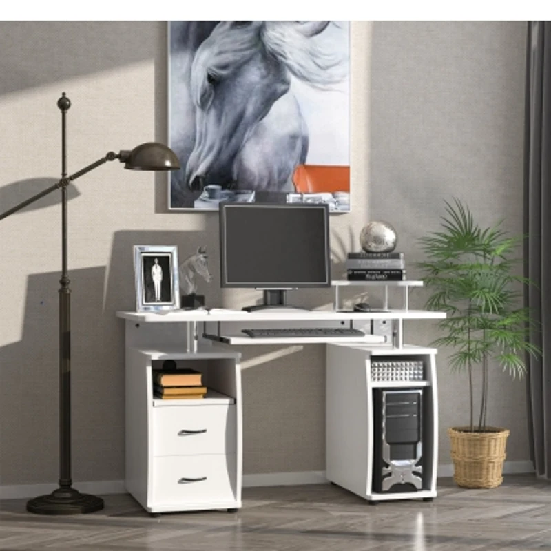 HOMCOM Secretária para computador Mesa para PC com prateleiras múltiplas Bandeja de teclado Suporte para CPU e 2 gavetas 120x55x85 cm branco