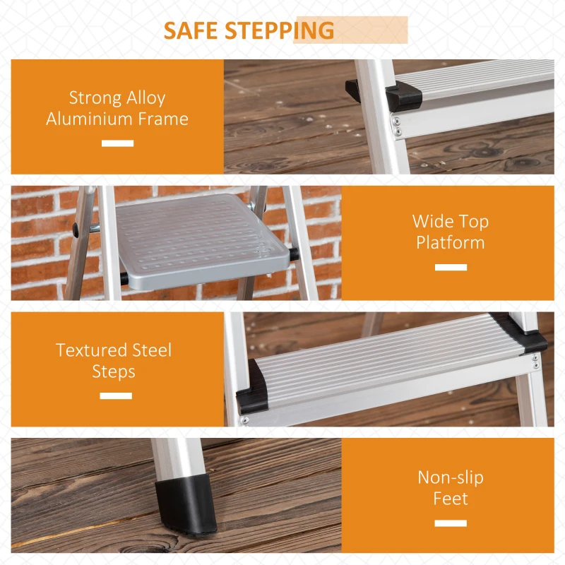 DURHAND Escalera Plegable de Aluminio con Bandeja Magnética Escalera de 4 Peldaños Carga 150 kg 44x89x143 cm Plata