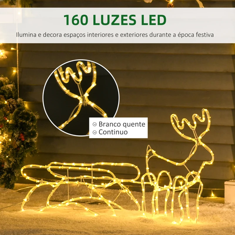 Outsunny Rena com Trenó de Luzes com 160 LED Branco Quente Impermeável IP44 Iluminação de Jardim Decoração de Natal 120x19x44cm Branco