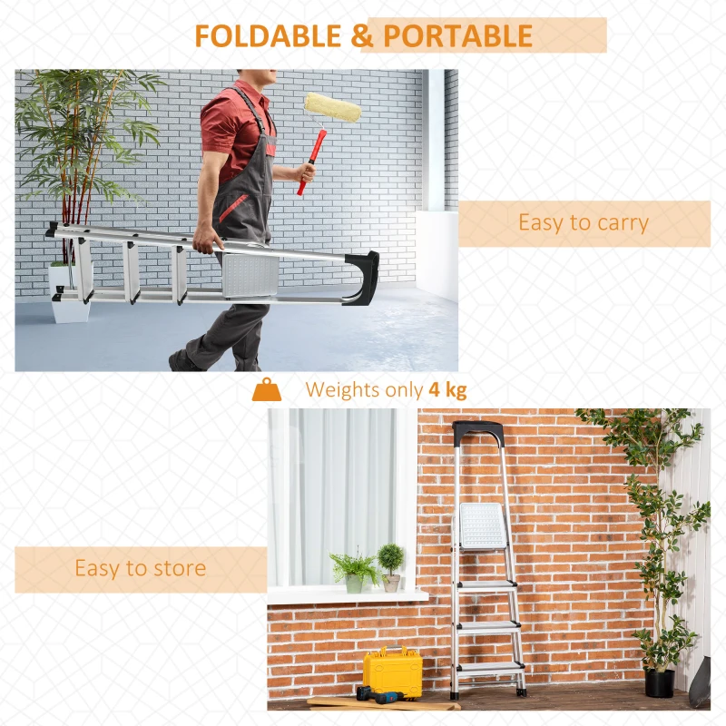 DURHAND Escalera Plegable de Aluminio con Bandeja Magnética Escalera de 4 Peldaños Carga 150 kg 44x89x143 cm Plata