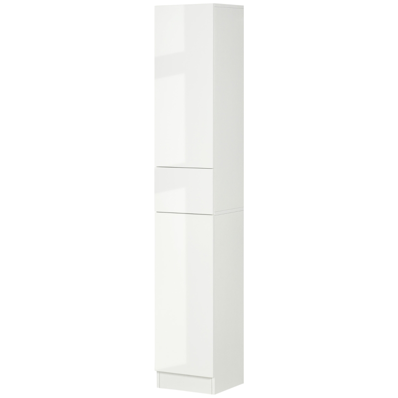 kleankin Tall Bathroom Cabinet with Adjustable Shelves, High Gloss Storage Cupboard, Freestanding Tallboy with Storage Drawer, White