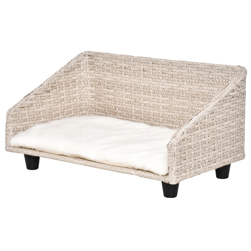 PawHut hondenmand met kussen vier voeten hondenmand gevlochten rotan stijl kattenmand hondenbank metaal polyester PE rotan lichtgrijs + wit 70,5 x 40 x 37,5 cm