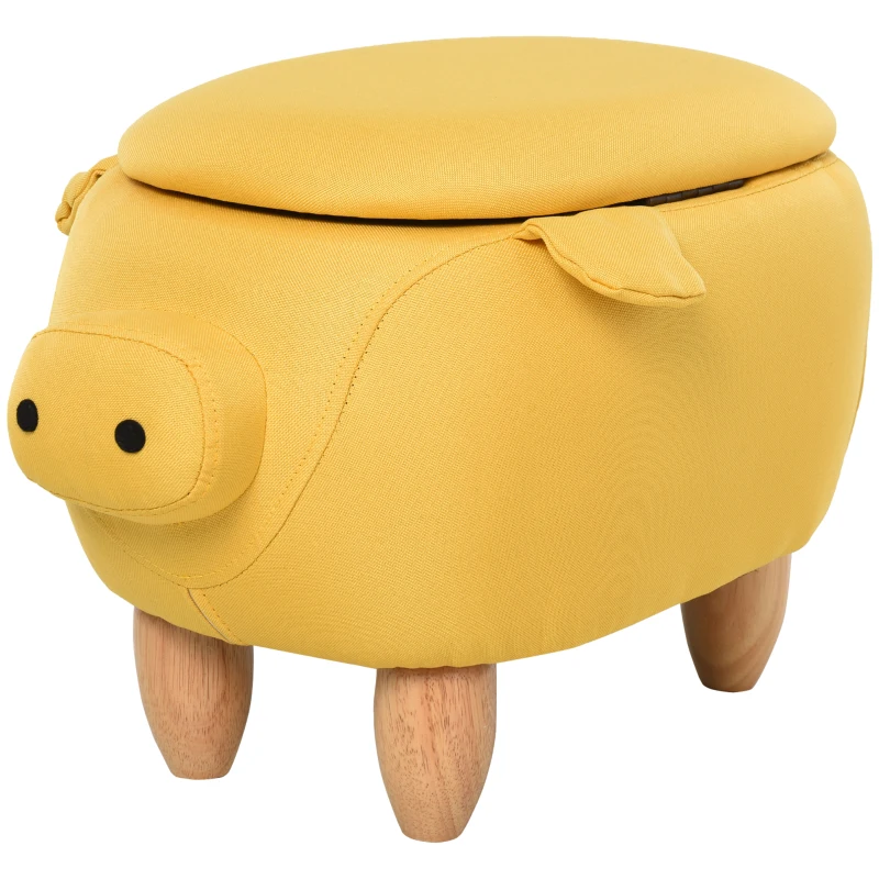 HOMCOM Tierhocker, Dekohocker mit Stauraum, Polsterhocker, Sitzhocker, Truhenbank, Fußbank, Fußhocker, Sitzbank mit Tier-Design, für Wohnzimmer, Schweinchen Fußbank, Gelb, 62 x 35 x 36 cm