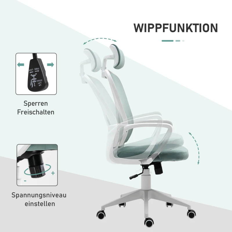 Vinsetto Bürostuhl mit Wippfunktion höhenverstellbarer Computerstuhl ergonomischer Drehstuhl mit Armlehne Kopfstütze Samtoptik 63 x 64 x 118-128 cm Türkis