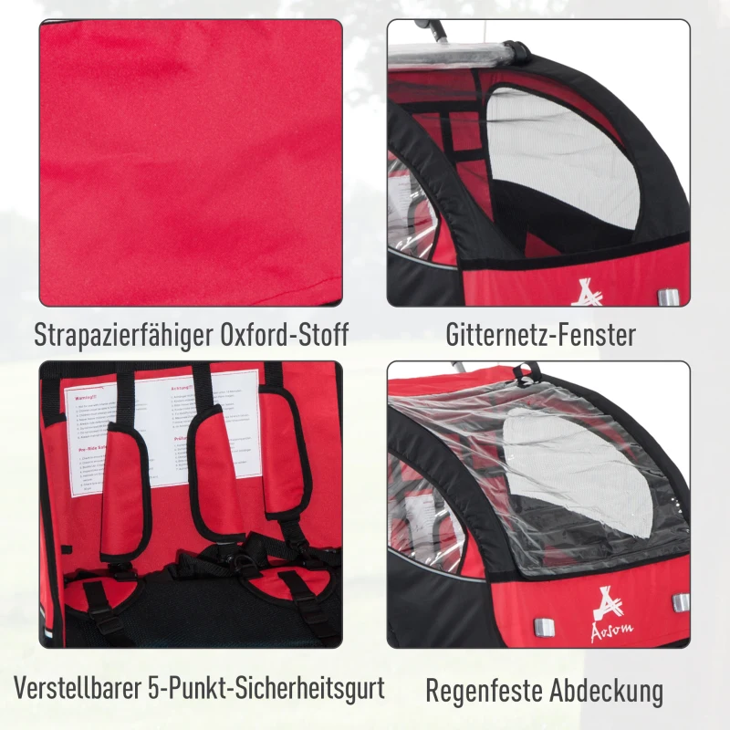 HOMCOM 2-in- kinderkar fietsaanhanger jogger fietskar 360° draaibaar rood-zwart