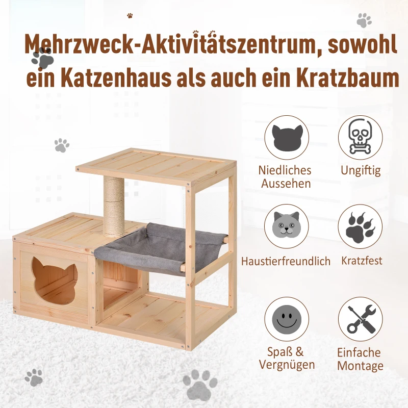 PawHut kattenhuis kattenbox kattenboom met hangmat sisal paal vurenhout naturel